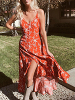 Robe Longue Imprimés Florales Femme Eté Sexy avec Bretelles à Col V Coupe Cintrée avec Fente Bicolores Robe Eté Sexy