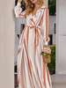 Robe Longue Imprimés Rayures à Col Revers avec Manches Longues Amples Coupe Cintrée à Lacets avec Fente Bicolores Robe Eté Sexy