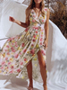 Robe longue jaune femme col en v sans manches imprimé floral fente longueur de plancher robe