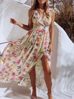 Robe longue jaune femme col en v sans manches imprimé floral fente longueur de plancher robe