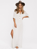 Robe Longue Maxi Femmes à Col Revers avec Manches Longues avec Boutons Fente Latérale Unicolore Robe Eté Femme Décontractée
