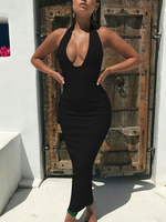 Robe Longue Moulante avec Bretelles à Col Décolleté en V Coupe Cintrée Unicolore Robe Sexy