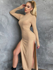 Robe Longue Moulante Femme à Col Montant avec Manches Longues Coupe Cintrée Fente Latérale Sexy Robe Longue Silhouette