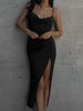 Robe Longue Moulante Femme avec Bretelles à Col Décolleté Coupe Cintrée avec Fente Unicolore