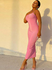 Robe Longue Moulante Femme avec Bretelles à Col Décolleté en V Coupe Cintrée Unicolore Robe Sexy
