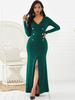 Robe Longue Moulante Femme avec Manches Longues à Col Décolleté en V Coupe Cintrée avec Fente avec Boutons Unicolore Robe Sexy