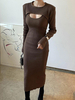 Robe Longue Moulante Femme en Maille Ensembles Deux Pièces avec Manches Longues à Col Rond Coupe Cintrée Unicolore Robe en Maille