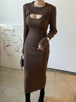 Robe Longue Moulante Femme en Maille Ensembles Deux Pièces avec Manches Longues à Col Rond Coupe Cintrée Unicolore Robe en Maille
