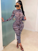Robe Longue Moulante Femmes à Col Rond avec Manches Longues Imprimé Bicolores Coupe Cintrée Robe Longue Moulante Sexy
