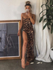 Robe Longue Moulante Imprimé avec Bretelles à Col Décolleté en Carré Coupe Cintrée avec Fente Bicolores Robe Eté Sexy