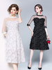 Robe longue noir en tulle unicolore avec plume col rond