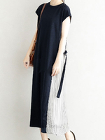 Robe longue noire à manches courtes et col bijou en polyester bicolore