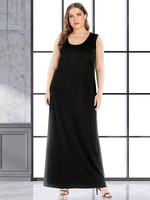 Robe longue noire de grande taille à col bijou et épaules dénudées; robe longue décontractée en polyester