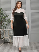 Robe longue noire grande taille encolure crantée demi-manches robe longue en dentelle superposée