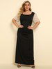 Robe longue noire grande taille pour femmes col carré à manches courtes Lycra Spandex Polyester robe longue fendue dété