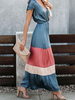 Robe longue plissée bleue à manches courtes et col en V