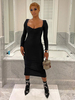 Robe Longue Robe de Club Sexy Femme à Col Décolleté en V avec Manches Longues Coupe Cintrée Unicolore