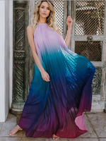 Robe Longue Robe de Plage Décontracté en Mousseline Imprimé Femme Eté à Col Rond avec Bretelles Bas Evasée Tricolores Robe Maxi