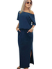 Robe Longue Robe de Plage Décontracté Femme Eté à Col Décolleté avec Epaule Dénudée avec Manches Courtes à Col V Bas Evasée Coupe Cintrée avec Poche Unicolore Robe Maxi