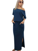 Robe Longue Robe de Plage Décontracté Femme Eté à Col Décolleté avec Epaule Dénudée avec Manches Courtes à Col V Bas Evasée Coupe Cintrée avec Poche Unicolore Robe Maxi