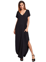 Robe Longue Robe de Plage Décontracté Femme Eté à Col Rond avec Manches Courtes à Col V Bas Evasée avec Poche Unicolore Robe Maxi