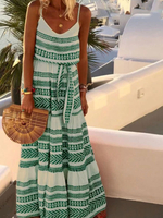 Robe Longue Robe de Plage Décontracté Imprimé Rayures Femme Eté à Col Rond avec Bretelles Coupe Cintrée à Lacets Bas Evasée Bicolores Robe Maxi