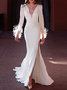 Robe Longue Robe de Soirée Femme à Col Rond avec Manches Longues Coupe Cintrée avec Fente Unicolore Robe de Soirée