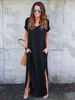 Robe Longue Robe Maxi à Col Rond avec Manches Courte avec Poches avec Fente Unicolore Décontracté Robe de Plage Robe Eté