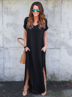 Robe Longue Robe Maxi à Col Rond avec Manches Courte avec Poches avec Fente Unicolore Décontracté Robe de Plage Robe Eté