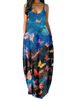 Robe Longue Robe Maxi Imprimé avec Bretelles à Col Décolleté en V Coupe Cintrée avec Poches Robe Eté Robe de Plage Sexy