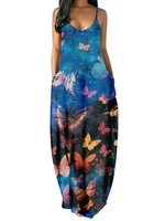 Robe Longue Robe Maxi Imprimé avec Bretelles à Col Décolleté en V Coupe Cintrée avec Poches Robe Eté Robe de Plage Sexy