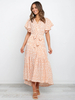 Robe longue rose à manches courtes avec motif imprimé et col en V en polyester