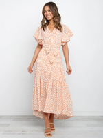 Robe longue rose à manches courtes avec motif imprimé et col en V en polyester