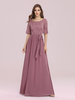Robe longue rose avec robe de retour au sol A-ligne col bijou demi-manches dos nu ceinture