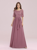 Robe longue rose avec robe de retour au sol A-ligne col bijou demi-manches dos nu ceinture