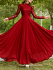 Robe Longue Rouge Femme Unicolore avec Le Col Rond Mousseline avec Les Dentelles Manches Longues à Soirée Robe Longue Femme