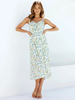 Robe longue sans manches à imprimé floral blanc avec bretelles et col en polyester