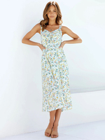 Robe longue sans manches à imprimé floral blanc avec bretelles et col en polyester