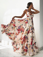 Robe longue sans manches imprimé floral abricot col en V en polyester
