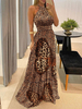 Robe longue sans manches imprimé léopard marron foncé col bijou polyester