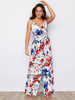 Robe longue sans manches imprimée fleurie blanche col en V fendu devant en polyester asymétrique robe longue