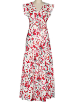 Robe longue sans manches imprimée fleurie rouge col en V plissée en polyester superposé