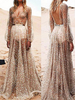 Robe longue sexy en tulle argent encolure en V Manches longues longueur au sol Robe de soirée