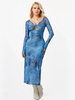 Robe longue transparente à imprimé bleu col en V élégante manches longues robe moulante sexy pour femmes 2025