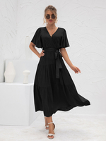 Robe Longue Verte À Col En V Manches Courtes Robe Longue Décontractée Avec Ceinture