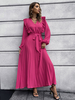 Robe Longue Verte Femme avec Manches Longues Amples à Col V Coupe Cintrée à Lacets Bas Evasée Unicolore