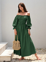 Robe Longue Vintage Col Bateau Volant Plissé Années 1950 Audrey Hepburn Style Manches 3/4 Robe
