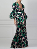 Robe Longueueueueueue Femme Manches Longues en polyester imprimé vert Robe Chic Col en V