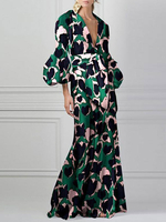 Robe Longueueueueueue Femme Manches Longues en polyester imprimé vert Robe Chic Col en V