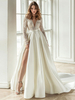 Robe mariée 2022 col et dos V plongeant manche longue en dentelle jupe fendu à traîne Robe de mariée